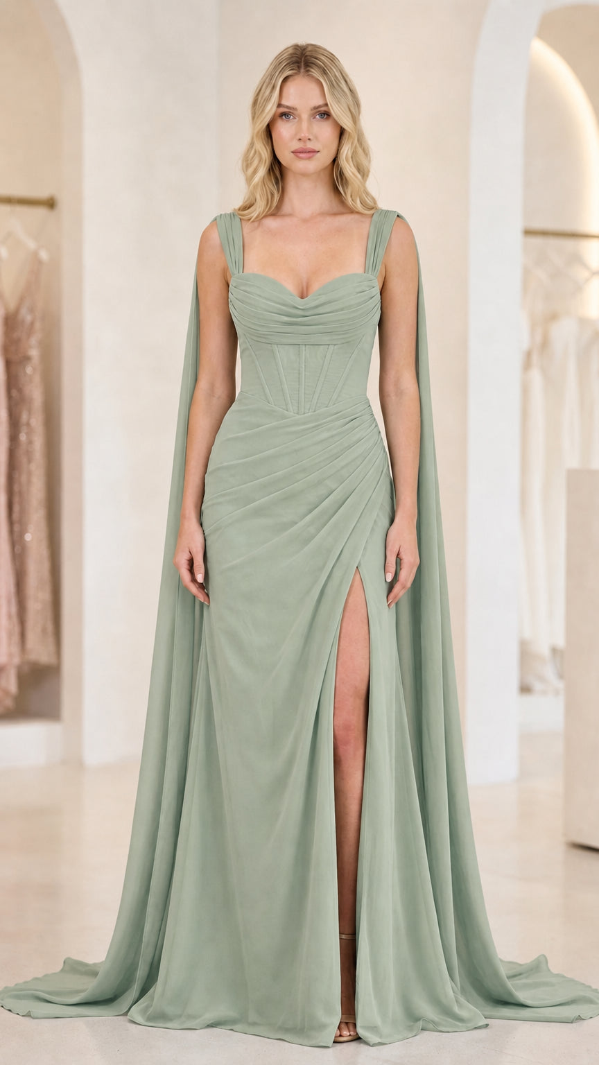 Front view of sage green evening gown with cape