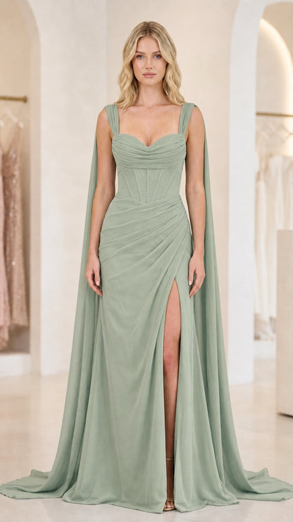Front view of sage green evening gown with cape