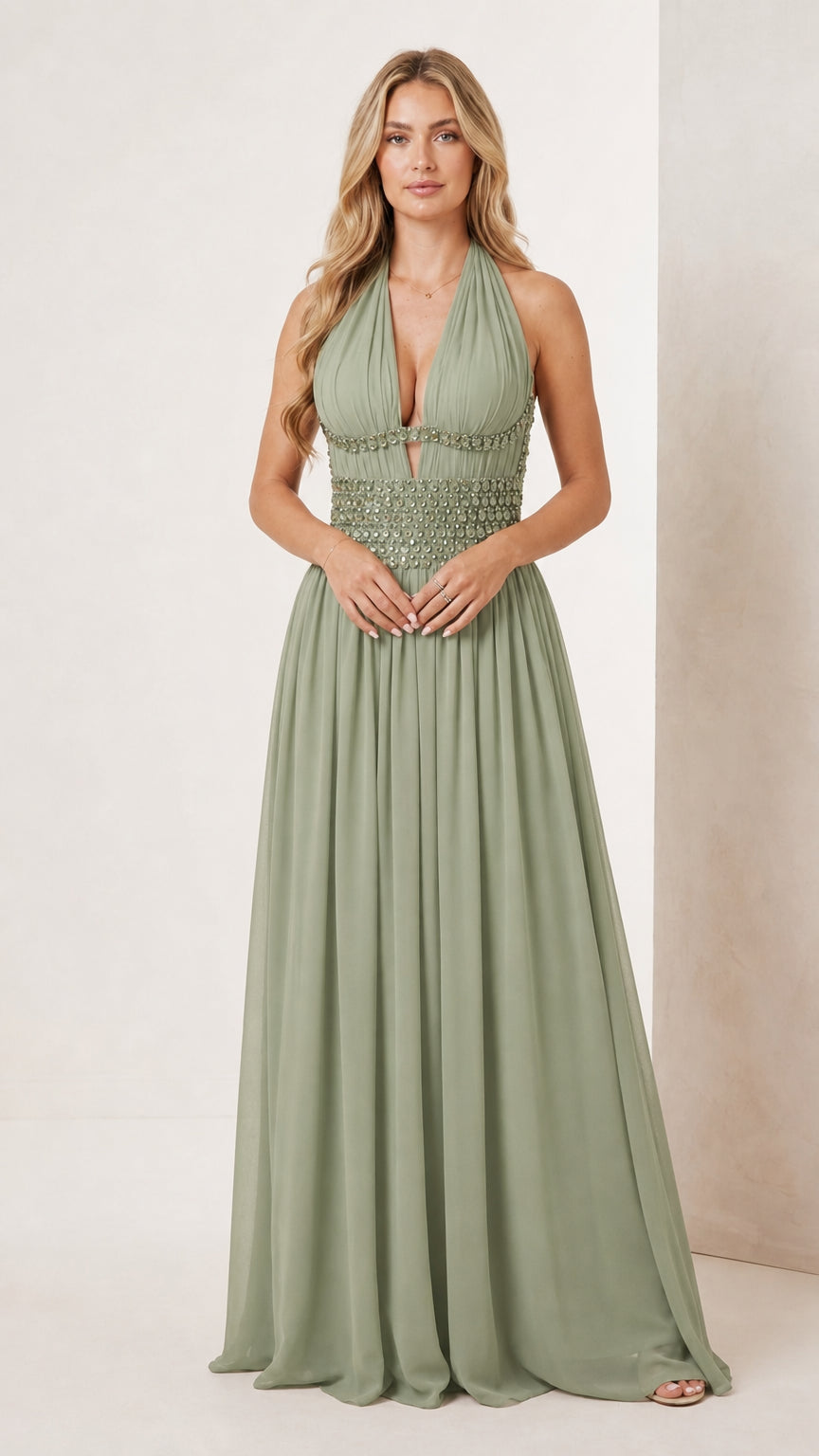 Sage green halter plunge evening gown with matching embellished waistband