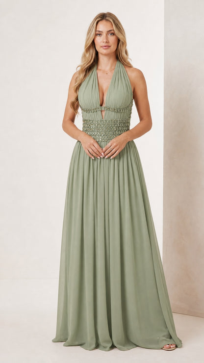 Sage green halter plunge evening gown with matching embellished waistband