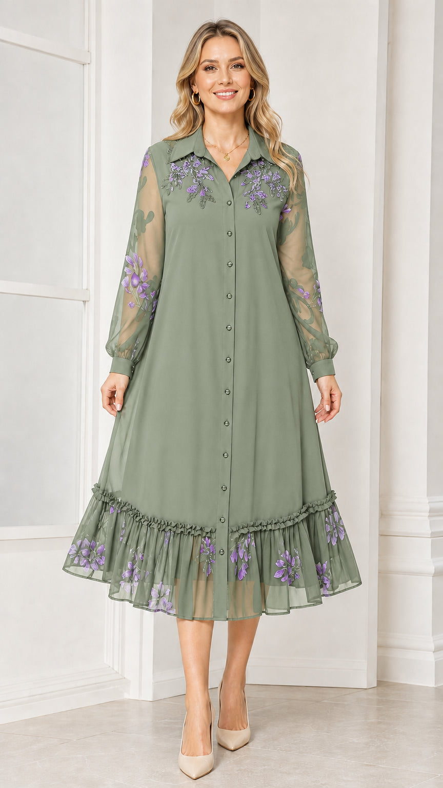 Front view of woman wearing sage green floral embroidered midi dress