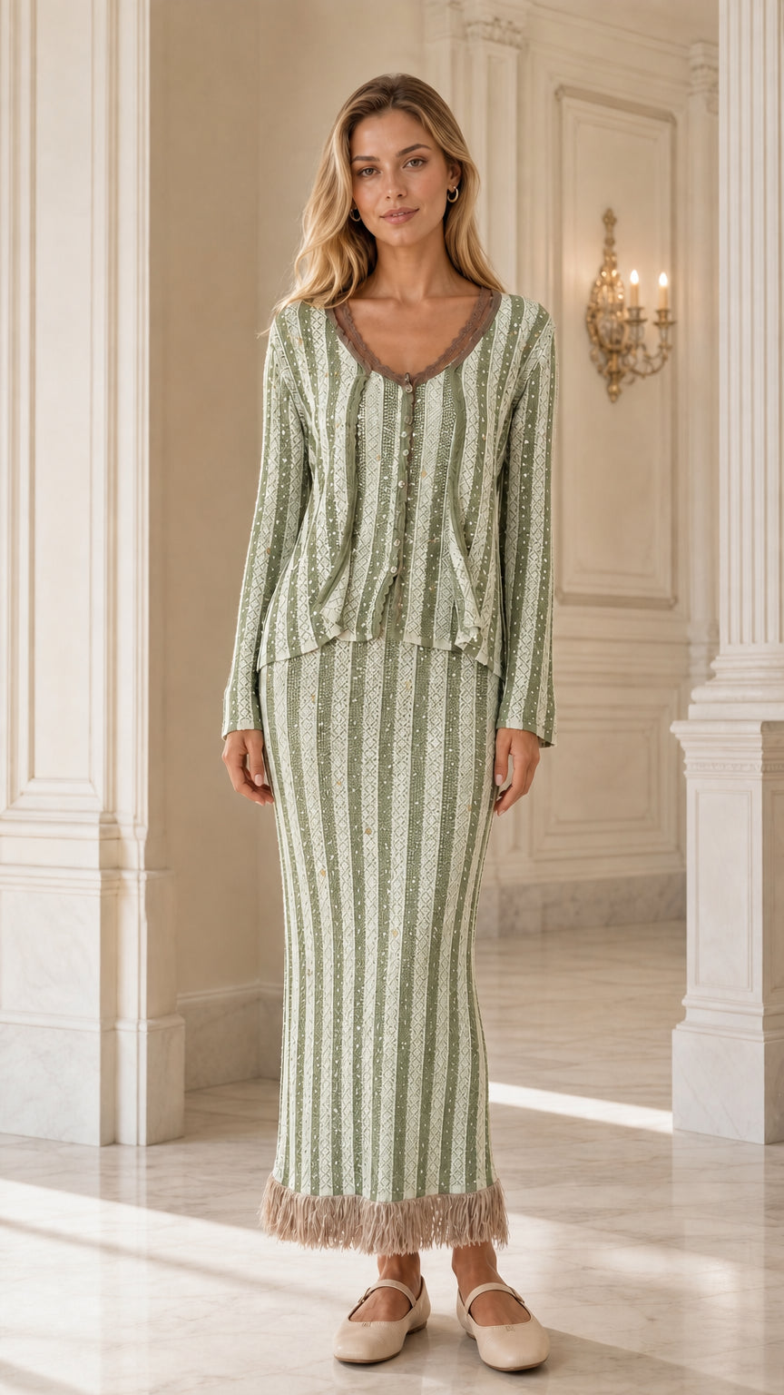 Full front view of model wearing sage green striped knit cardigan and fringe skirt set