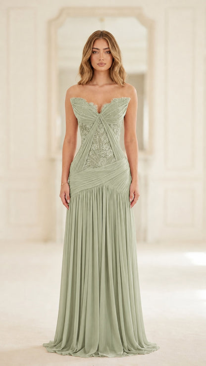 Sage green strapless lace corset pleated maxi gown