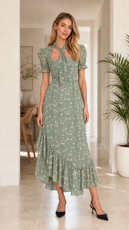 Woman wearing sage green floral tie-neck puff sleeve ruffle midi dress