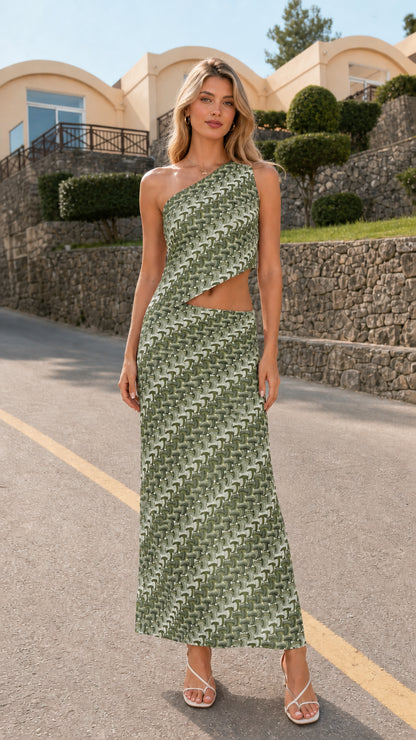 Model wearing olive one-shoulder cutout printed dress
