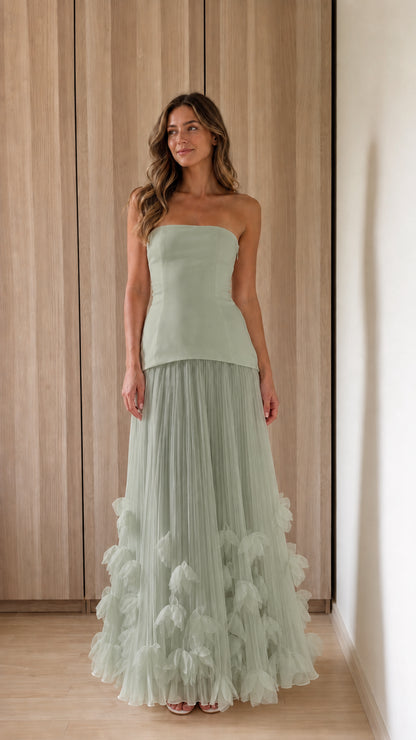 Woman wearing sage green strapless 3d floral tulle maxi dress