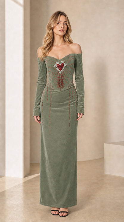 Sage green off-the-shoulder velvet maxi dress with embellished heart detail
