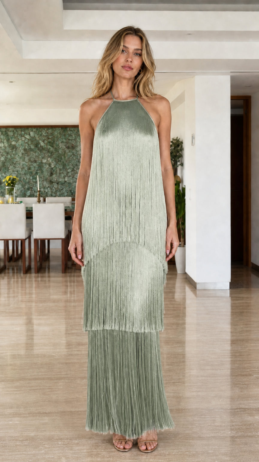 Model wearing Sage Tiered Fringe Halter Maxi Dress