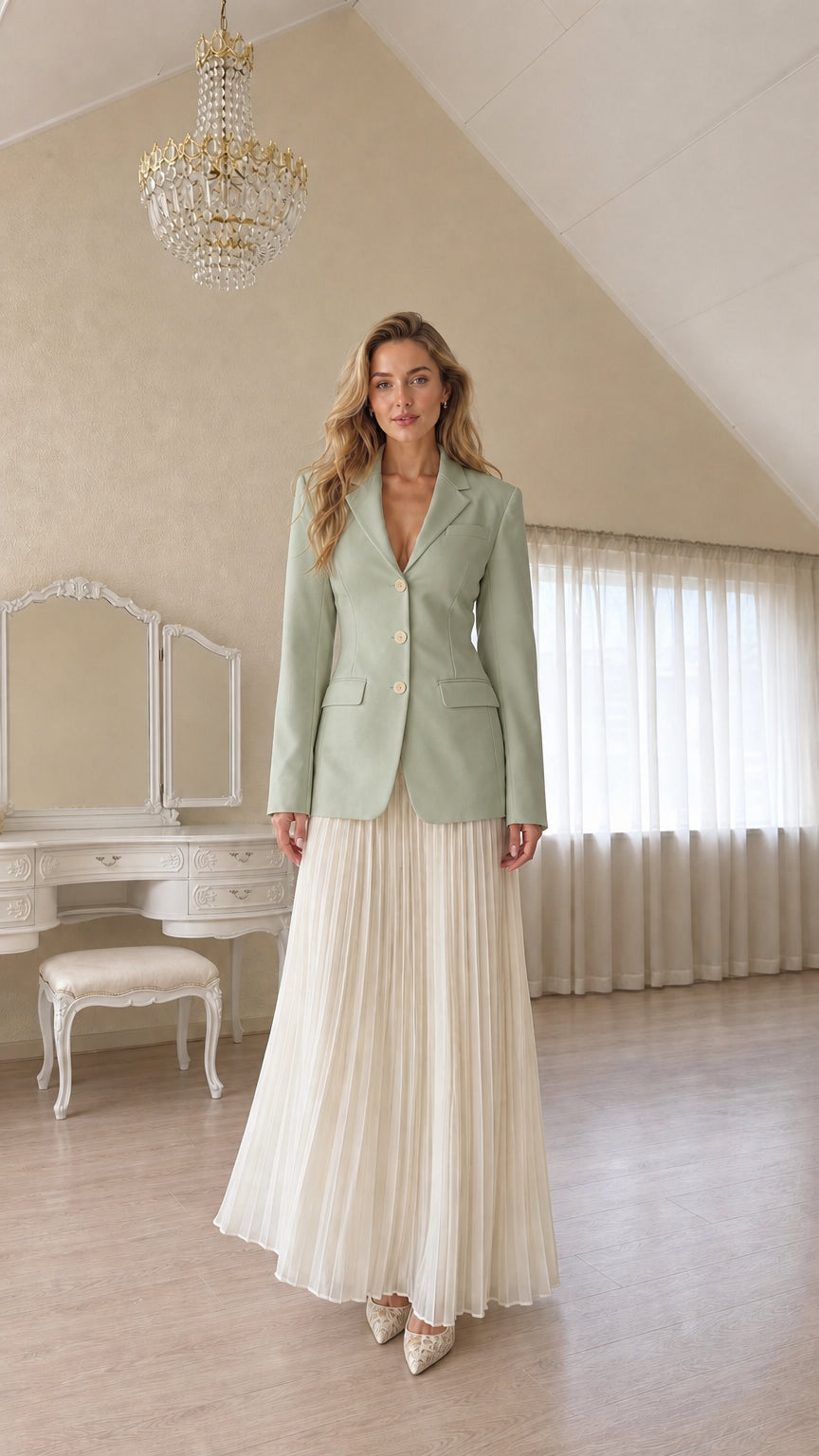 Full length view of a woman wearing a sage green tailored blazer and pleated skirt