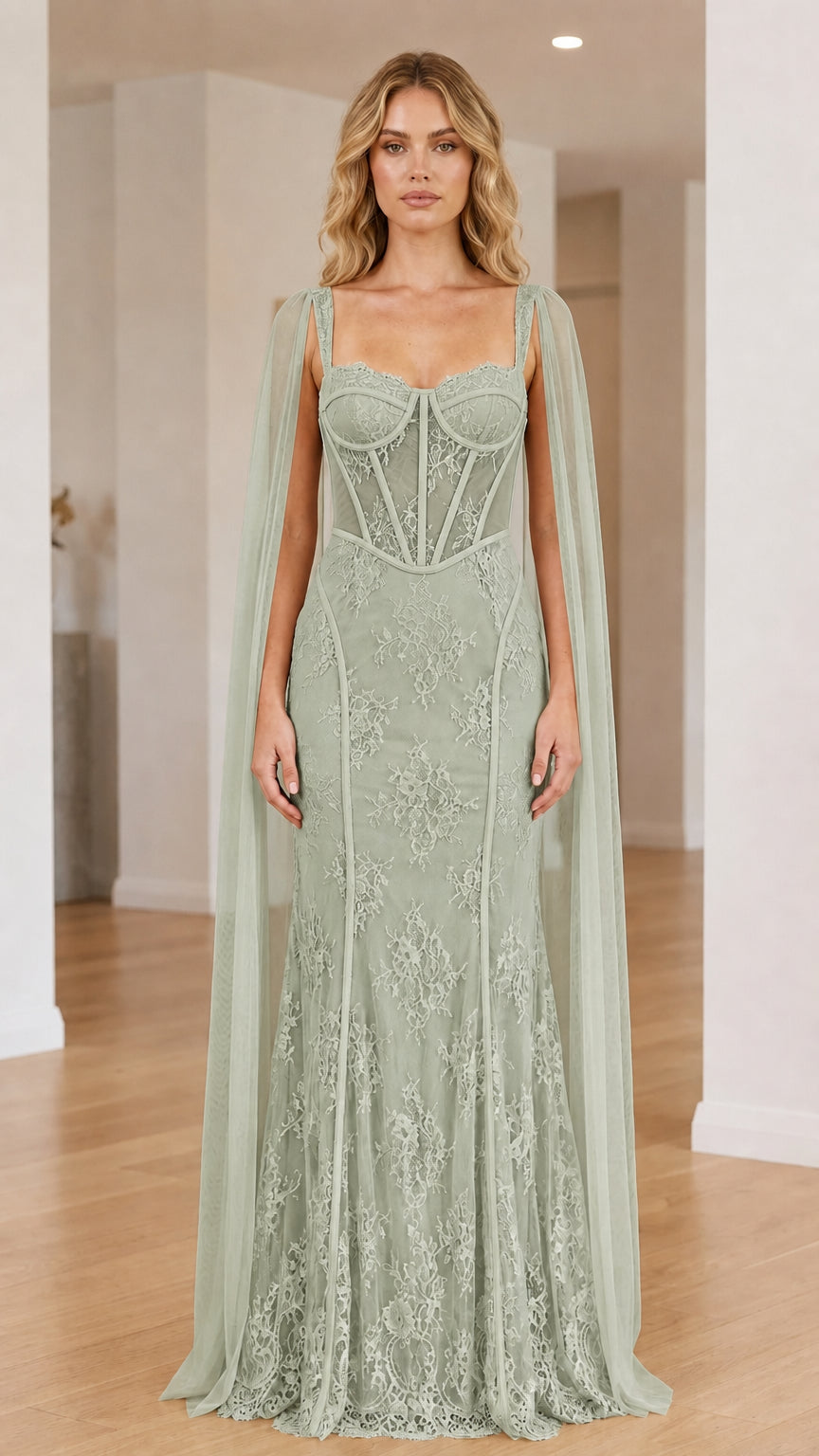 Front view of the sage green cape corset maxi dress