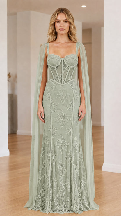 Front view of the sage green cape corset maxi dress