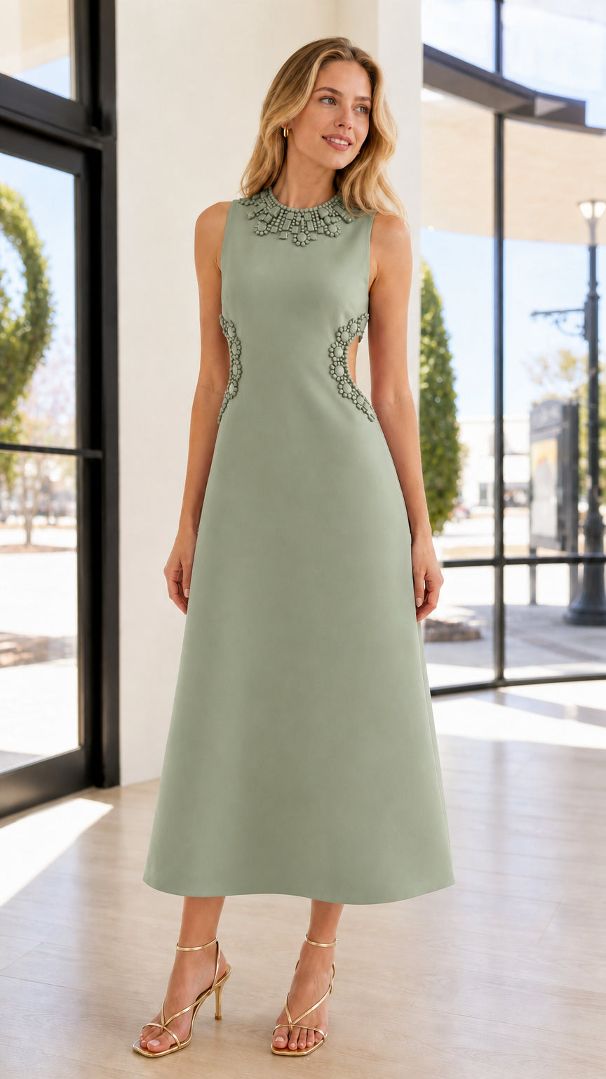 Front view of sage beaded cutout midi dress