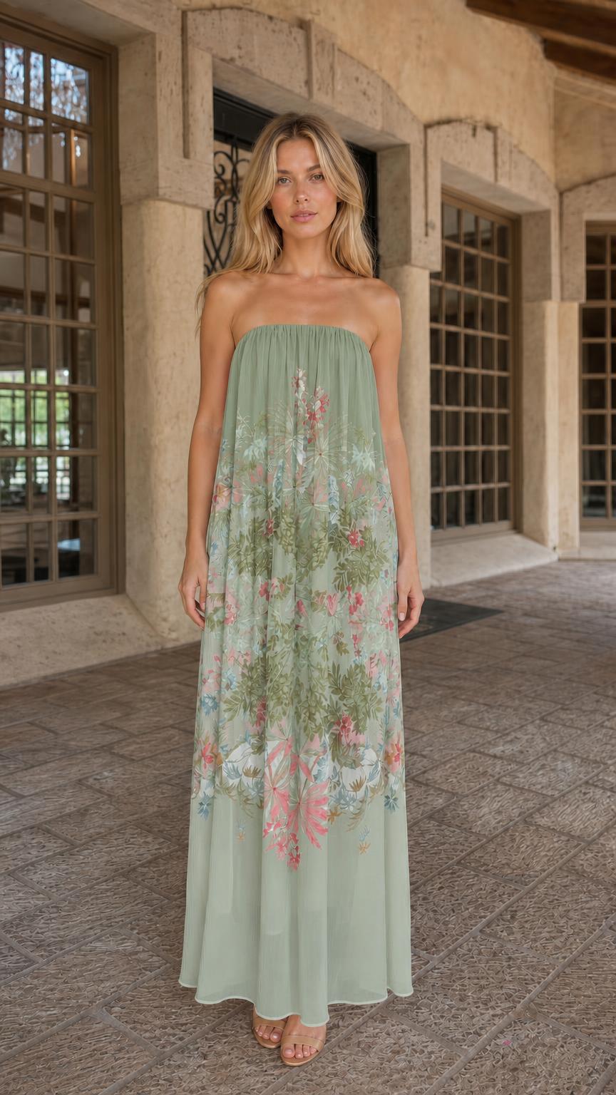 Front view of model wearing sage floral strapless maxi dress