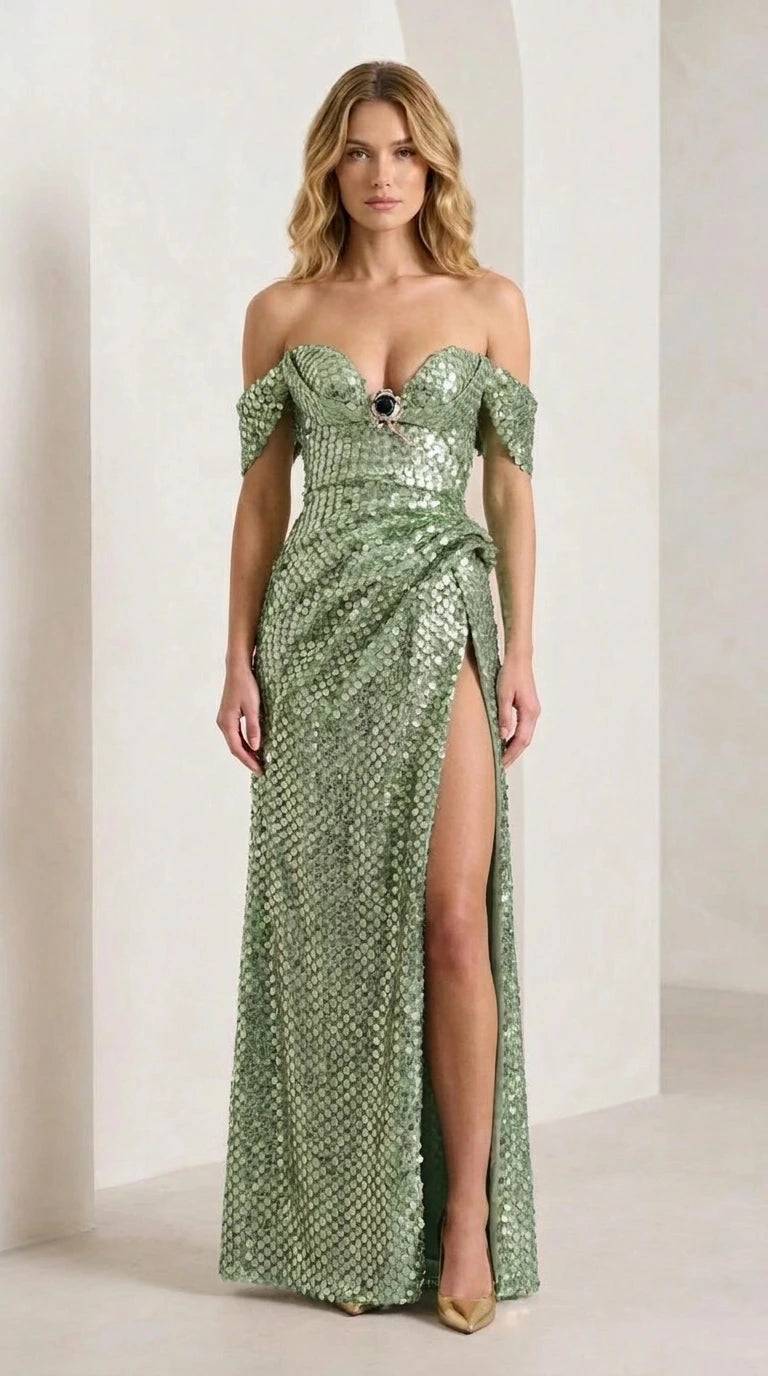 Front view of model wearing sage green sequin evening gown