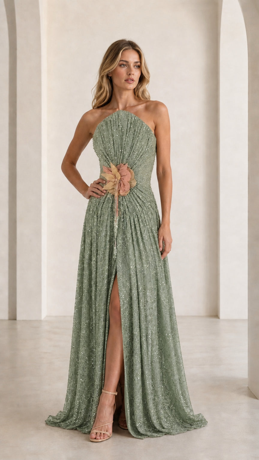 Front view of sage green sequin halter evening gown