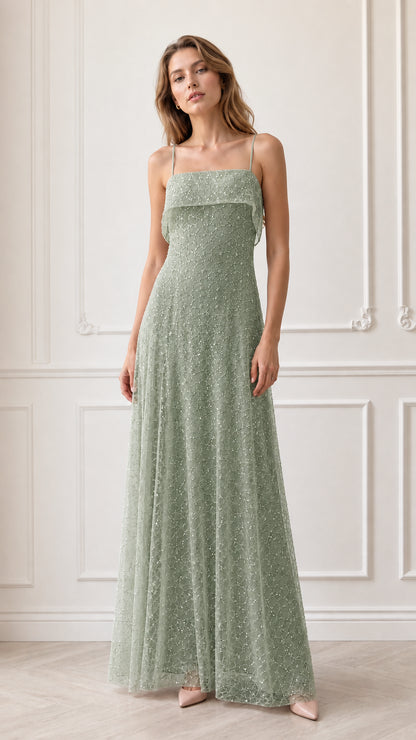 Model wearing sage green sequin embroidered spaghetti strap maxi dress