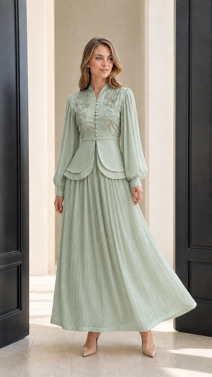 Front view of sage green beaded long sleeve maxi dress