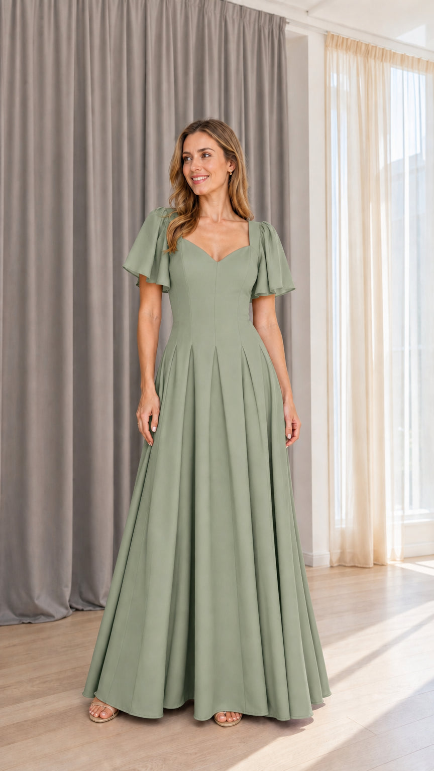 Front view of model wearing sage green formal maxi dress
