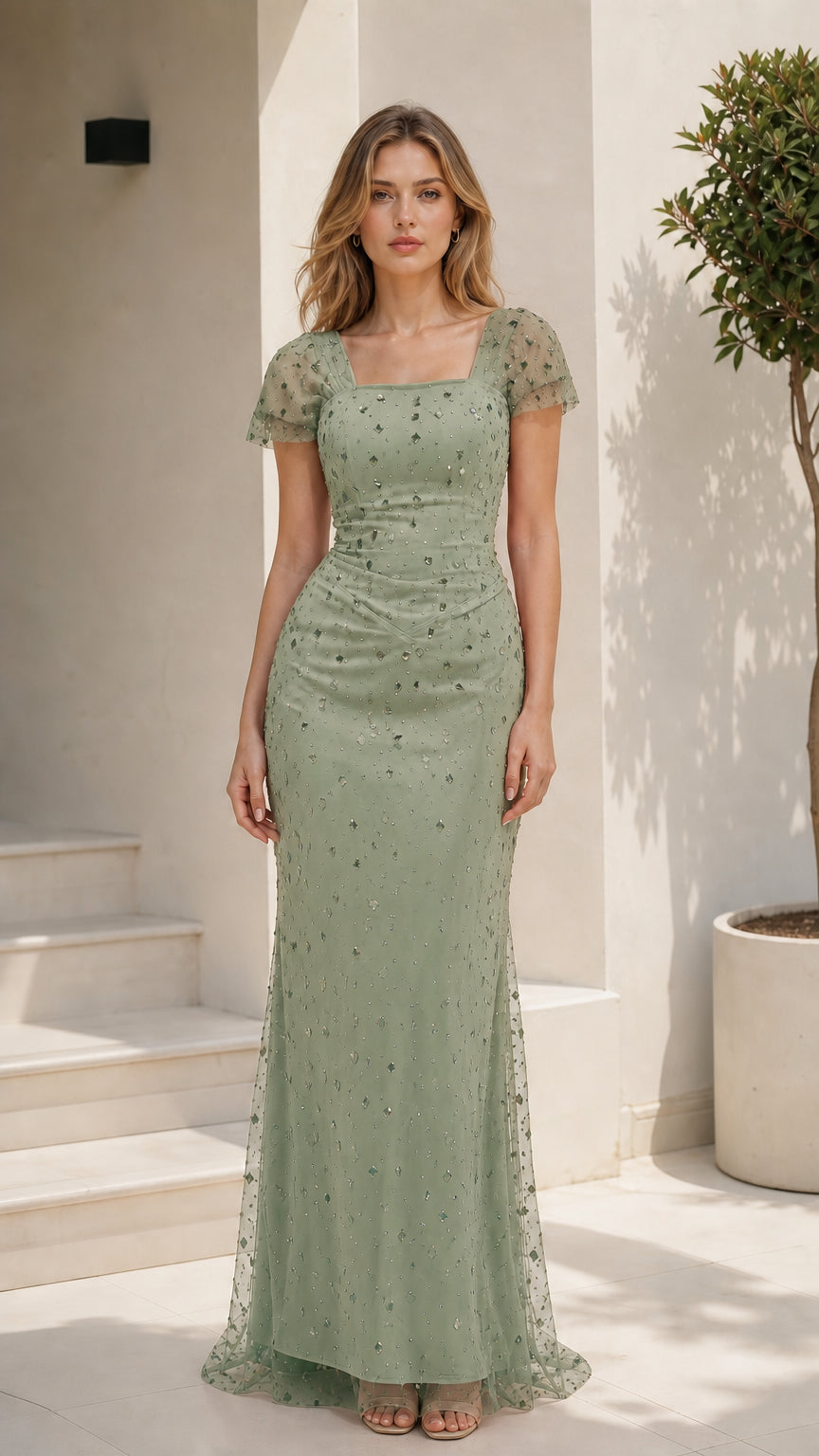Front view of model wearing a sage green embellished flutter sleeve gown
