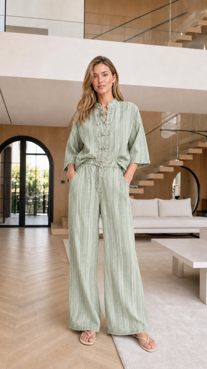 Model wearing sage green striped matching set