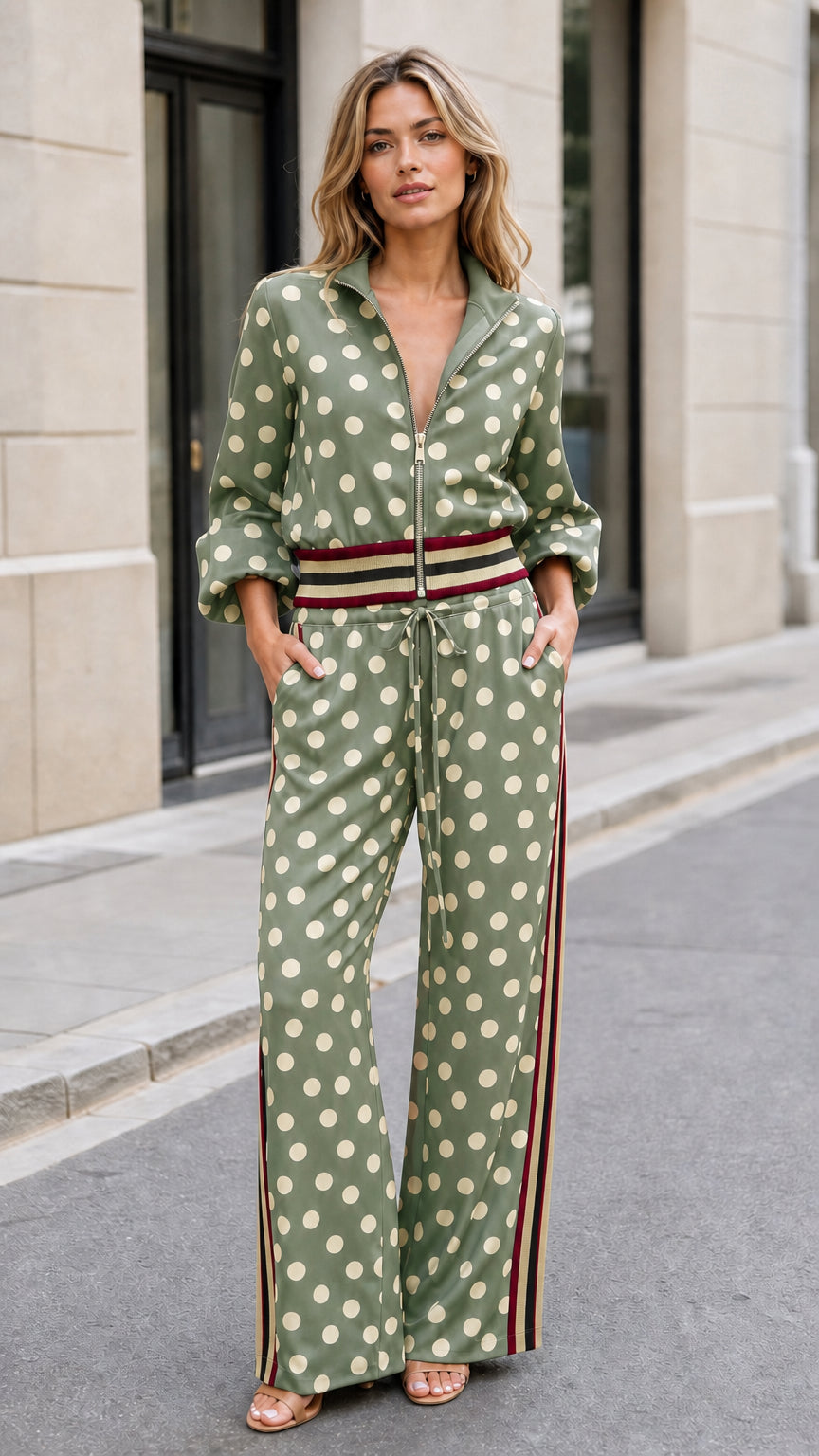 Full front view of woman wearing sage green polka dot two-piece pant set