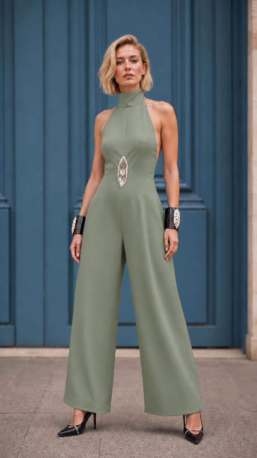 Full length view of model in sage green color variant