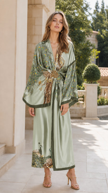 Model wearing the sage green peacock print kimono and matching wide-leg pants set