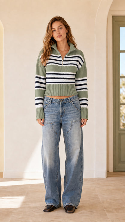 Full front view of sage green striped quarter-zip cropped knit top