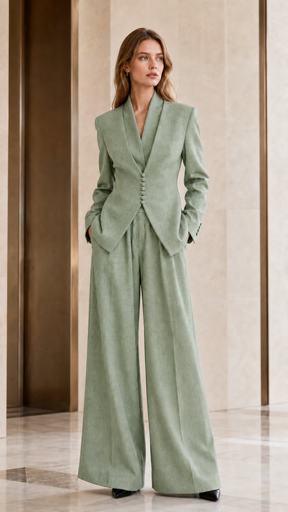 Full length view of women's sage green 2-piece tailored pant suit set