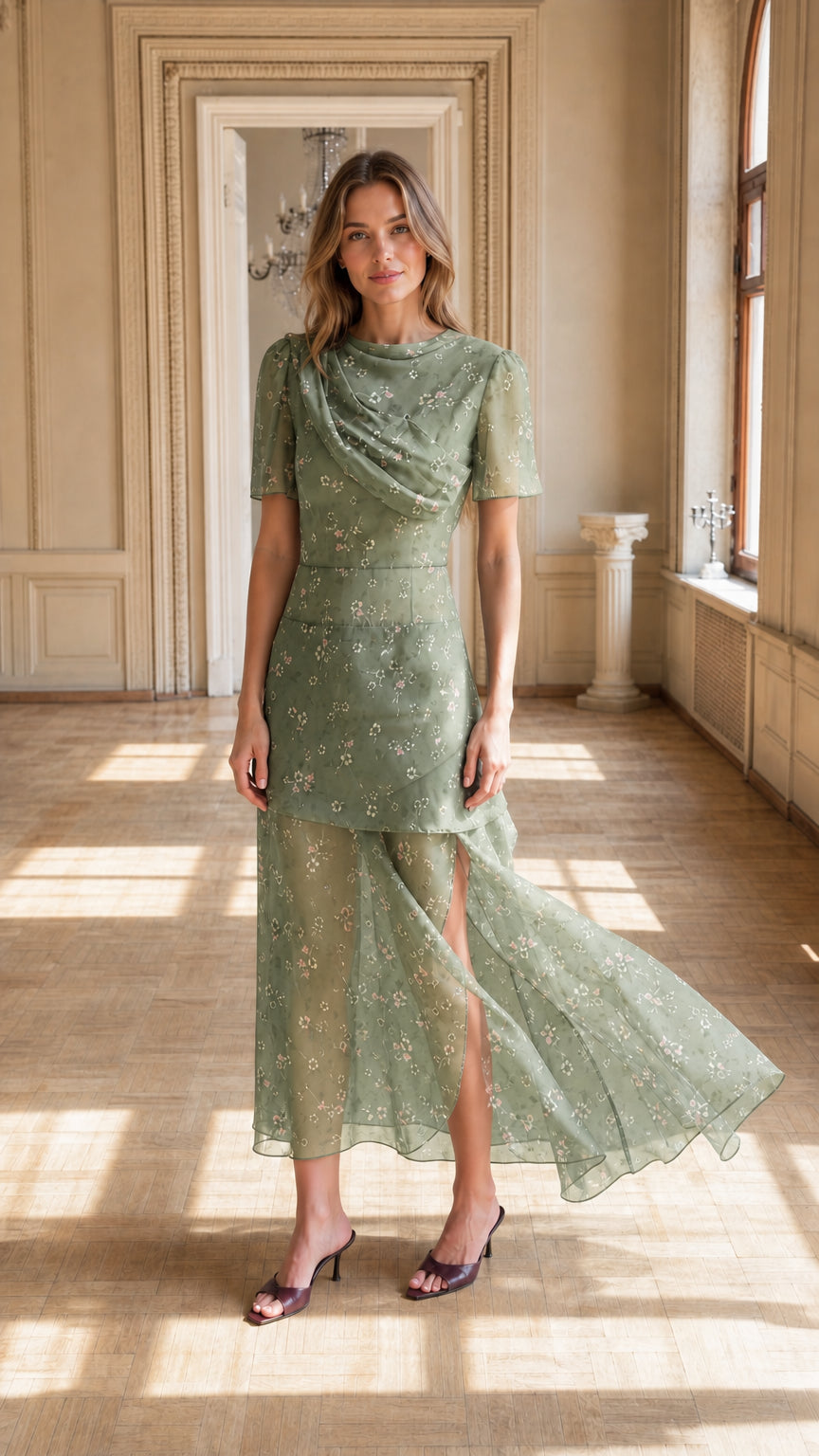 Floral Draped Cowl Neck Maxi Dress in Sage Green full front view