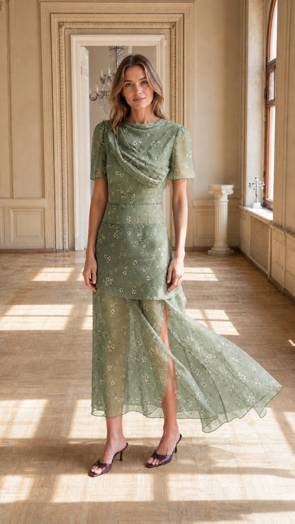 Floral Draped Cowl Neck Maxi Dress in Sage Green full front view