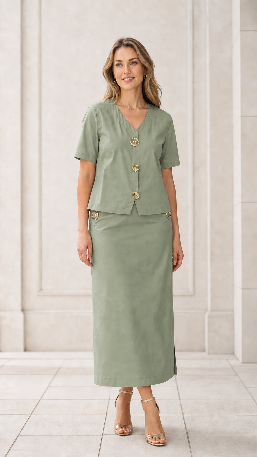Front full view of woman wearing sage green short sleeve blouse and maxi skirt set