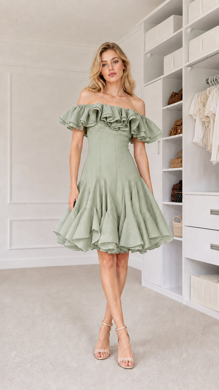 Front view of model wearing sage green off-shoulder dress