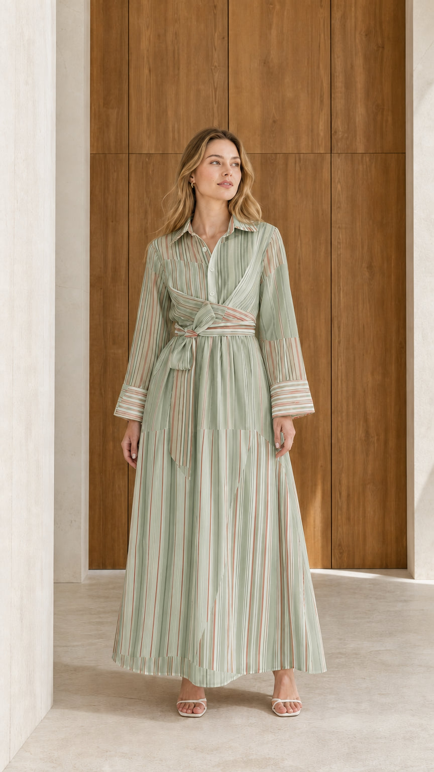 Front view of model wearing sage green striped long sleeve maxi shirt dress