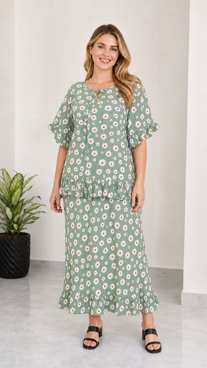 Full front view of women's sage green daisy floral print two-piece maxi set