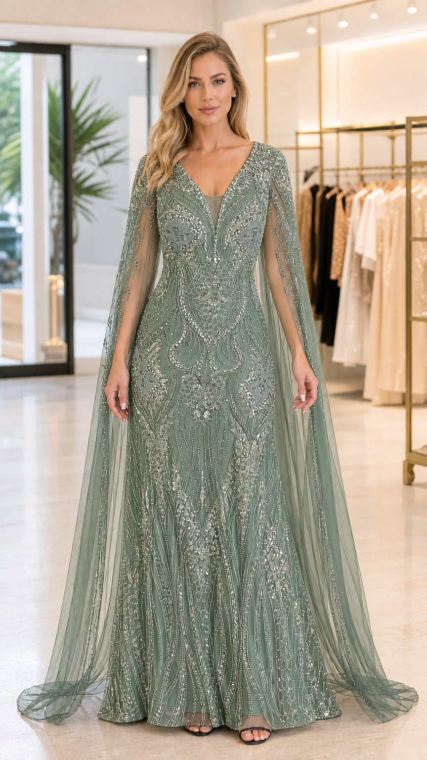 Front view of sage green embellished formal gown with matching sheer cape
