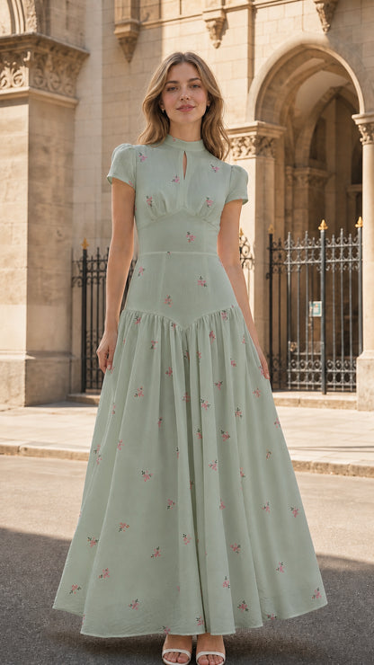 Front view of sage floral embroidered maxi dress