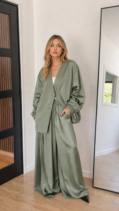 Sage green satin matching jacket and wide-leg pant set
