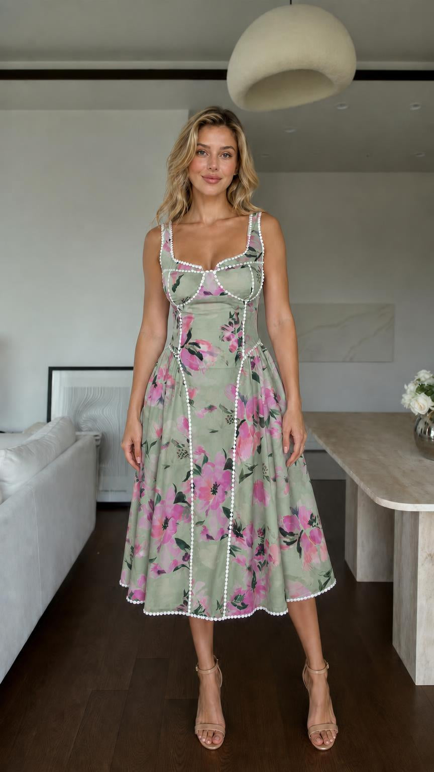 Model wearing sage green floral midi dress variant
