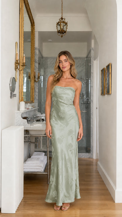Front view of sage green floral jacquard strapless maxi dress