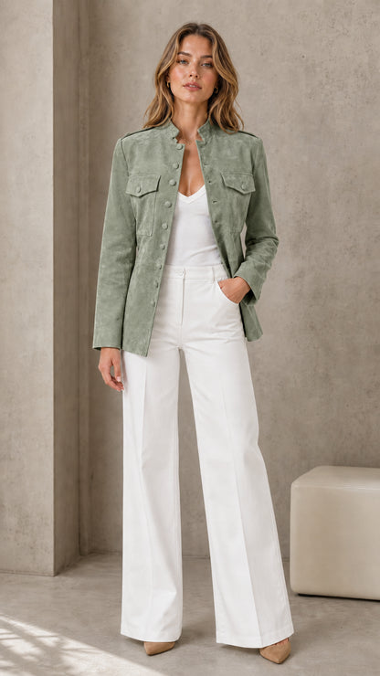 Woman wearing sage green faux suede utility jacket