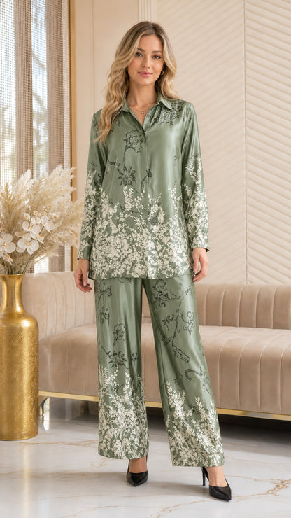 Full front view of model wearing Sage Green floral print satin two-piece pajama set