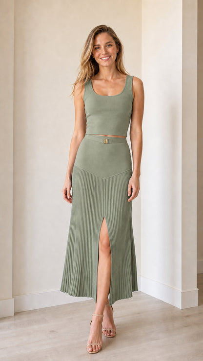 Model wearing sage green two-piece set front view