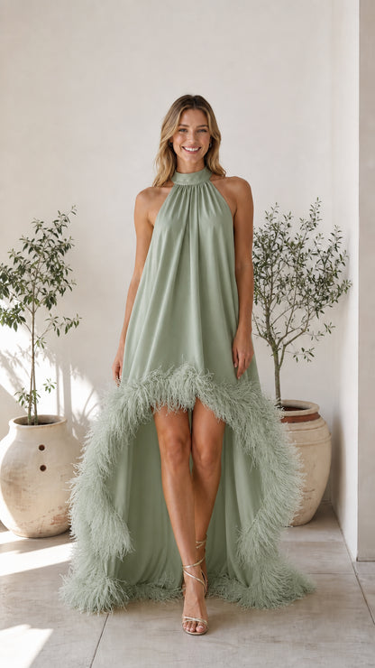 Full-length view of sage color variant