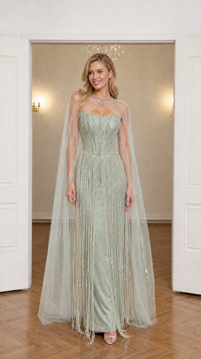 Front view of sage green beaded fringe evening gown with tulle cape