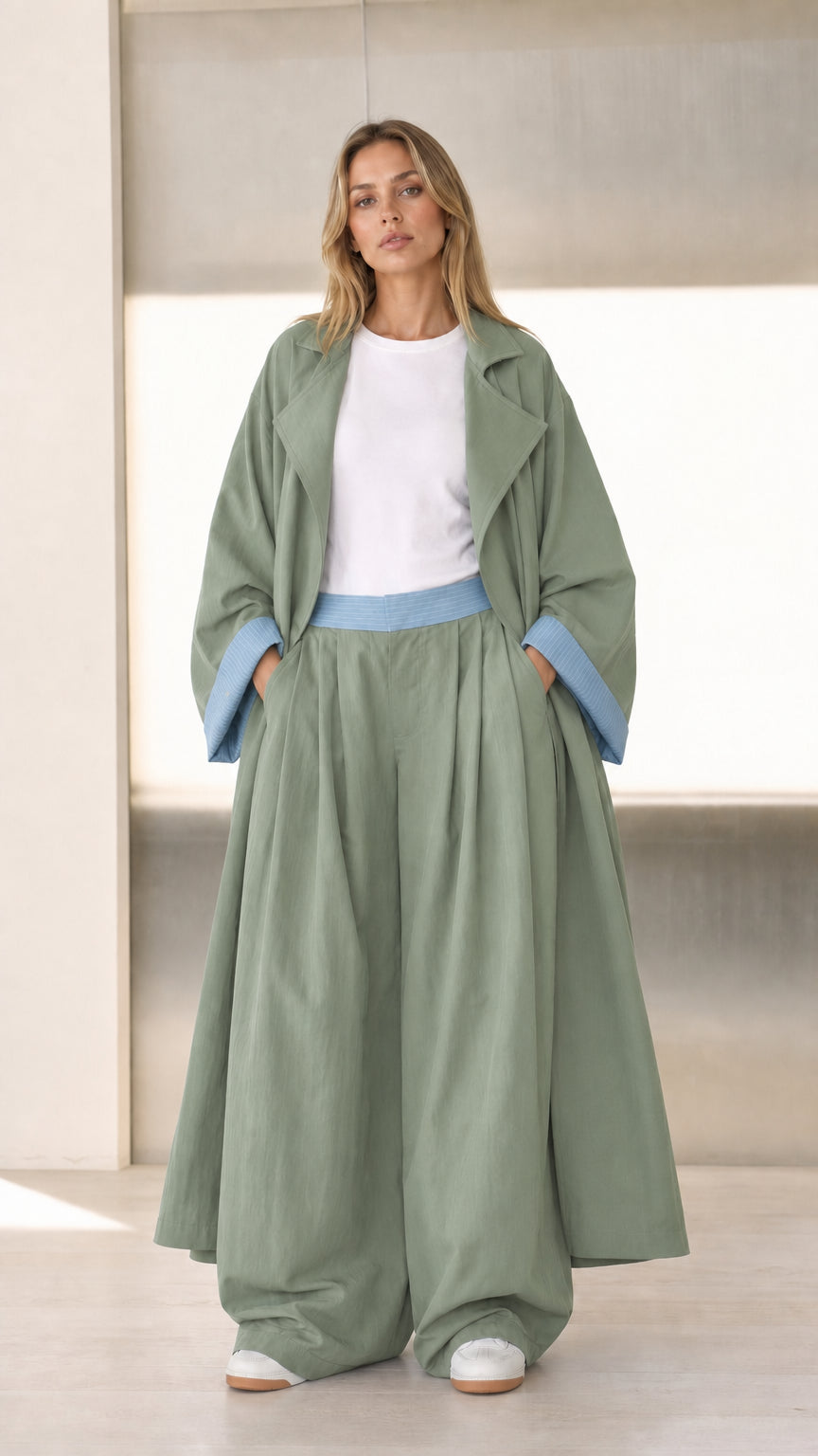 Front view of Sage Green duster jacket and pleated wide-leg pants set