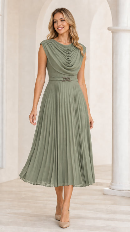 Sage green cowl neck pleated midi dress