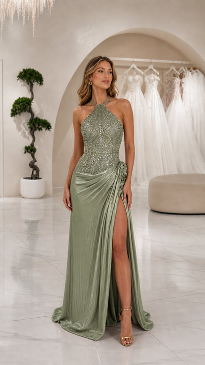 Sage Green halter neck sequined evening dress with flowing pleated skirt