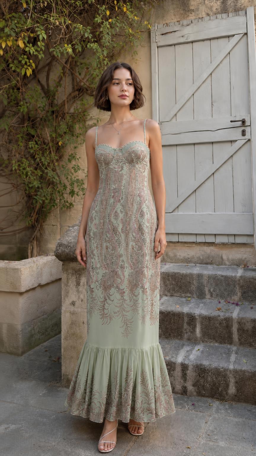 Model wearing sage green paisley maxi dress variant