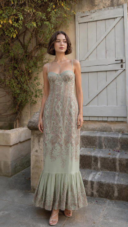 Model wearing sage green paisley maxi dress variant
